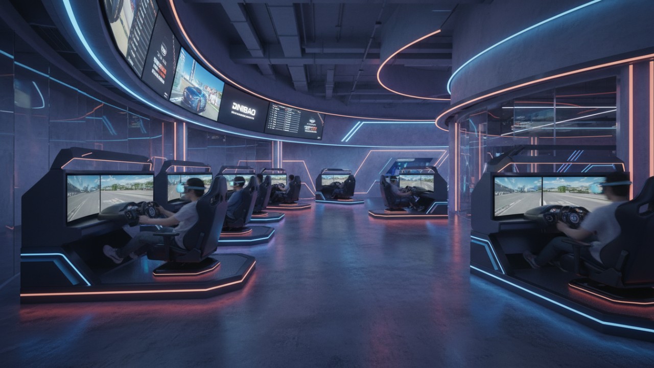 Futuristic racing arcade center with motion simulators and neon lighting