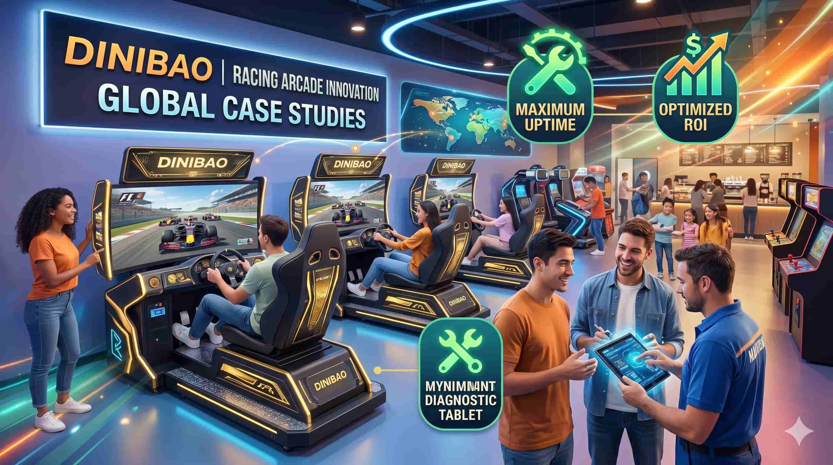 People playing Dinibao racing arcade games in a modern entertainment center.