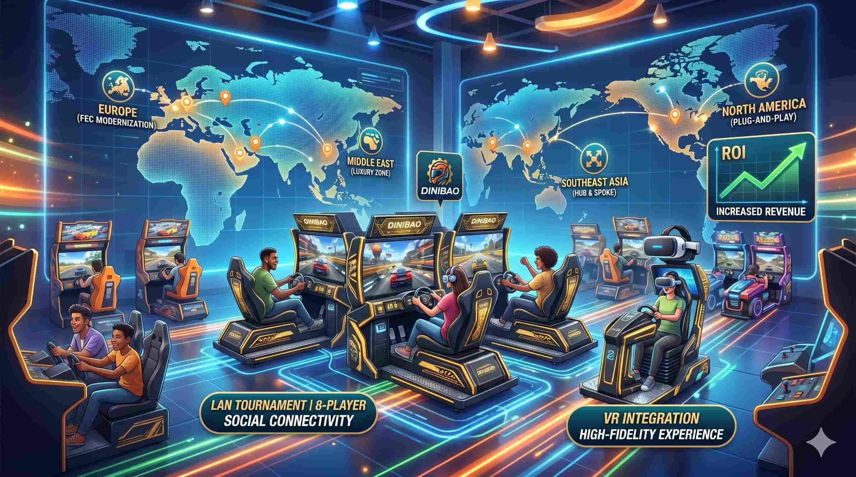 Futuristic arcade with racing simulators, VR, and global connectivity maps.