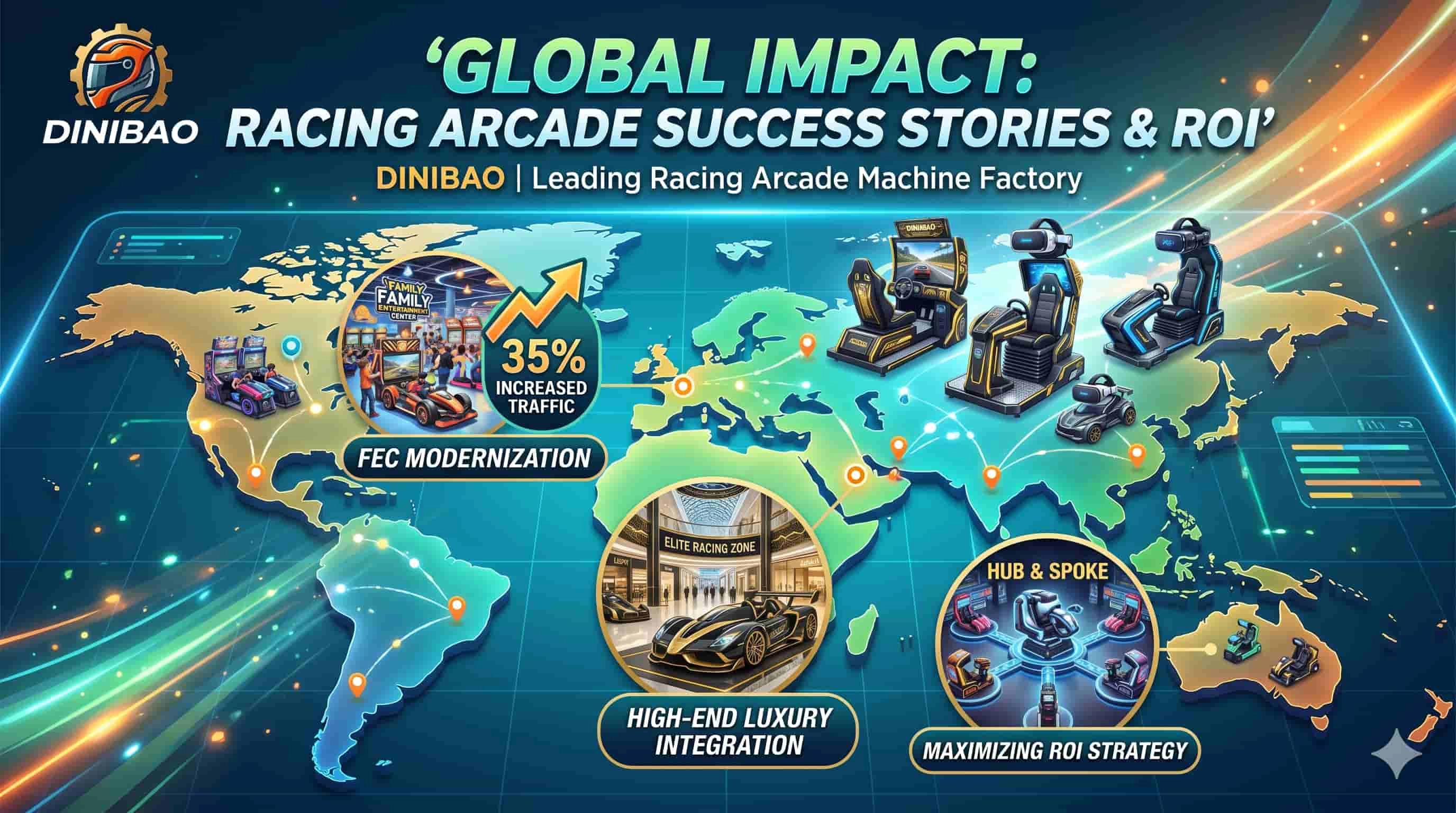 Infographic showing Dinibao racing arcade success stories on a world map. - DINIBAO