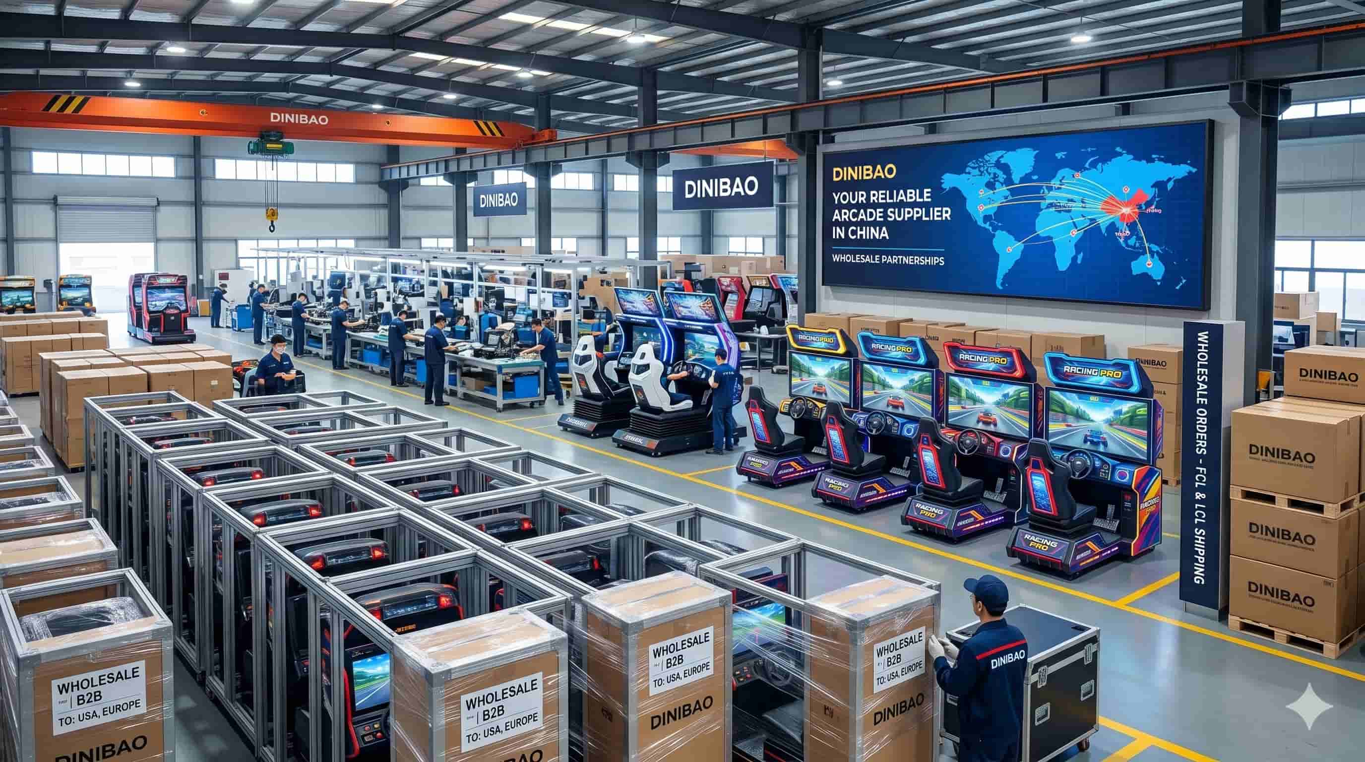 Dinibao arcade machine factory and warehouse with racing simulators and shipping boxes. Dinibao arcade machine factory and warehouse with racing simulators and shipping boxes.