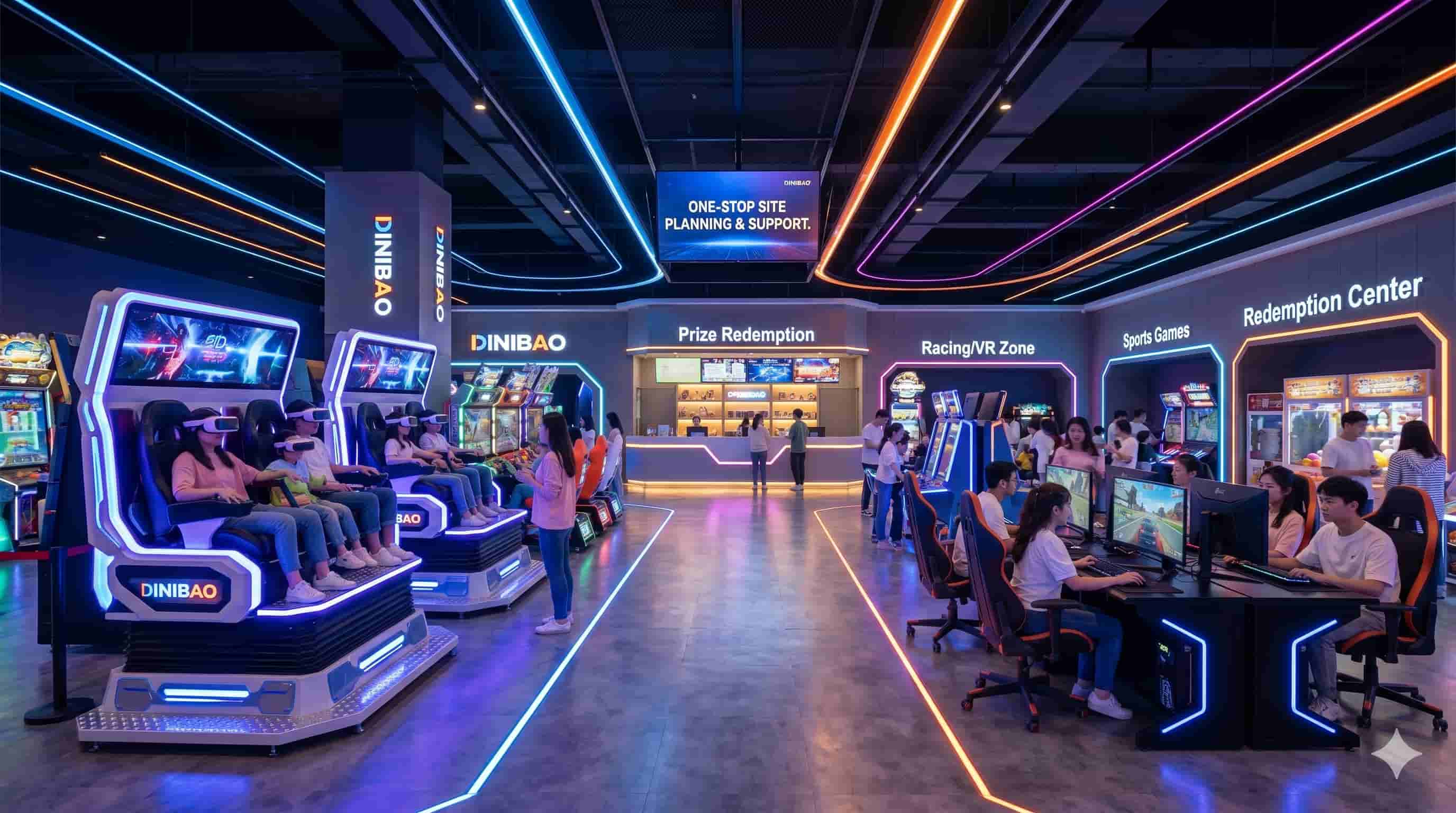 Modern arcade with VR simulators, neon lights, and a prize redemption center.