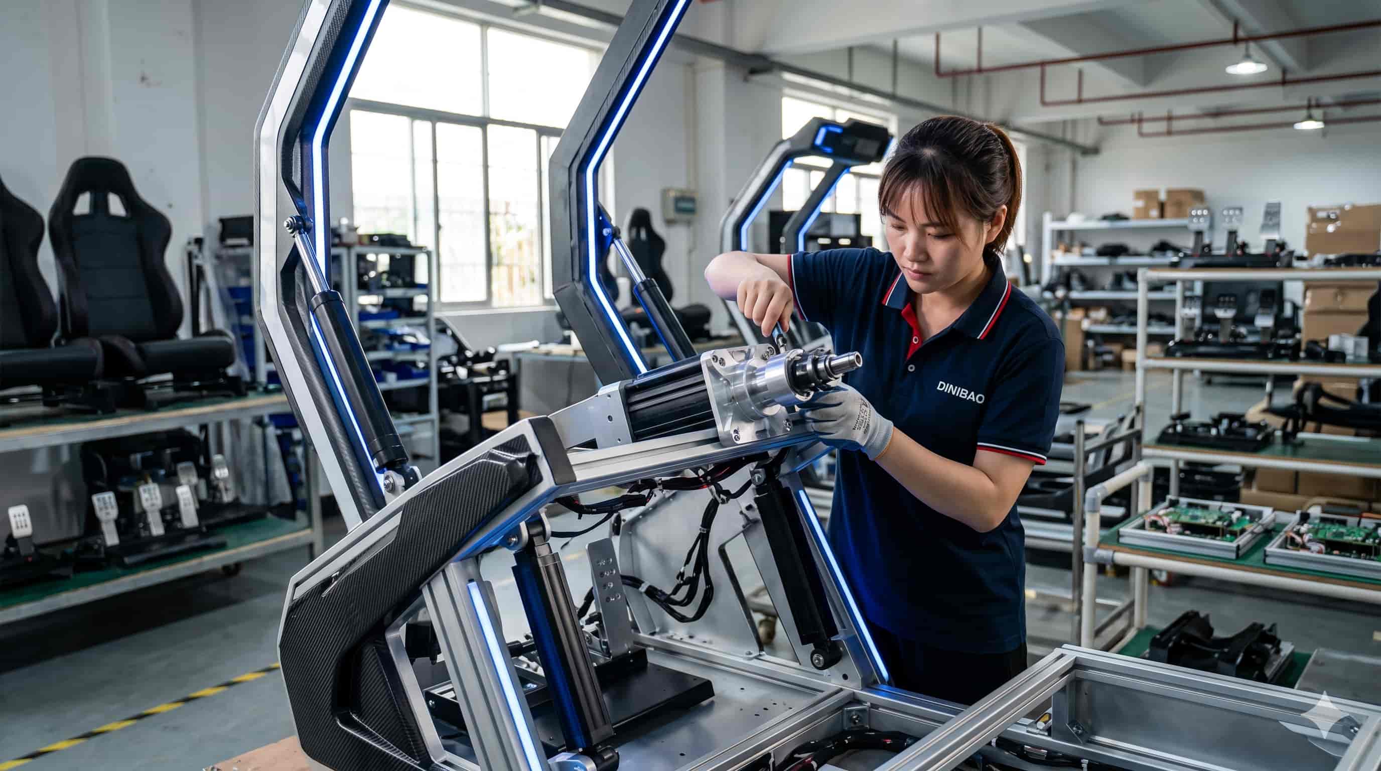 A technician is assembling the DINIBAO racing simulator stand in the factory.