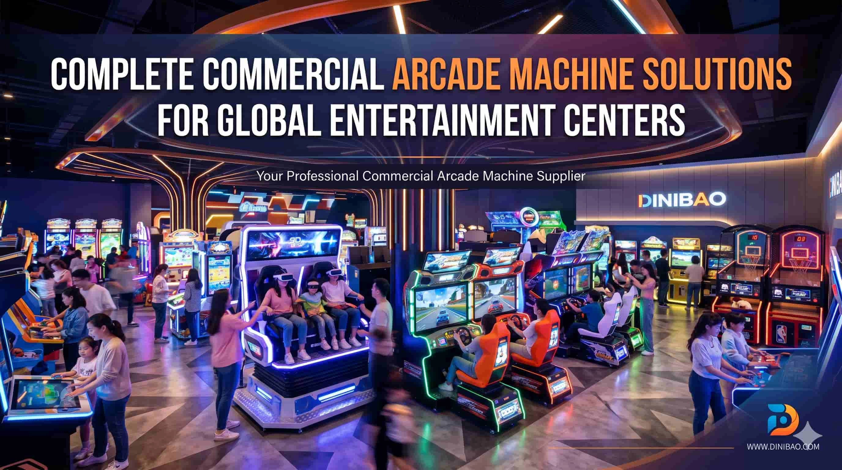 A busy modern arcade with VR simulators, racing games, and basketball hoops. - DINIBAO