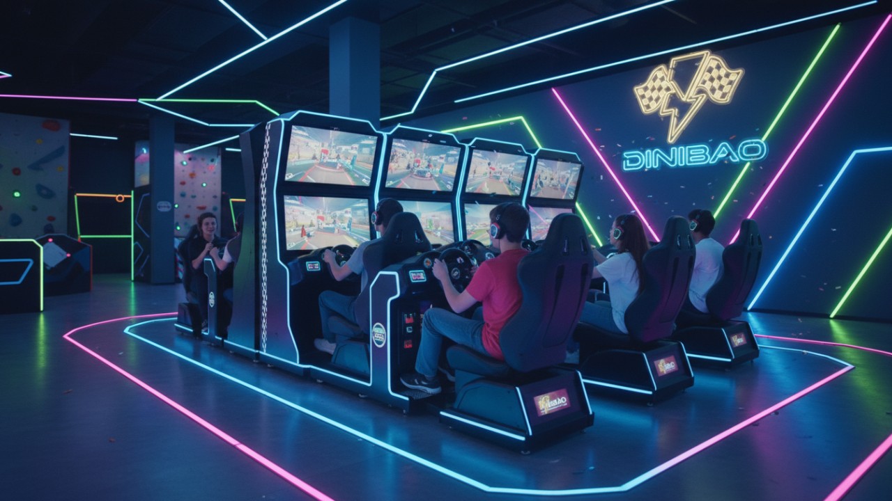 Group of people playing multiplayer racing games at a family entertainment center