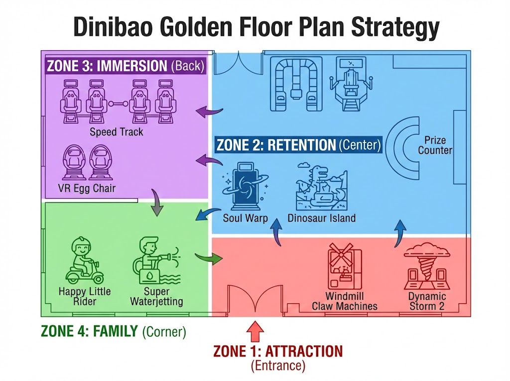 Dinibao Golden Floor Plan Strategy with four zones: Attraction, Retention, Immersion, and Family.