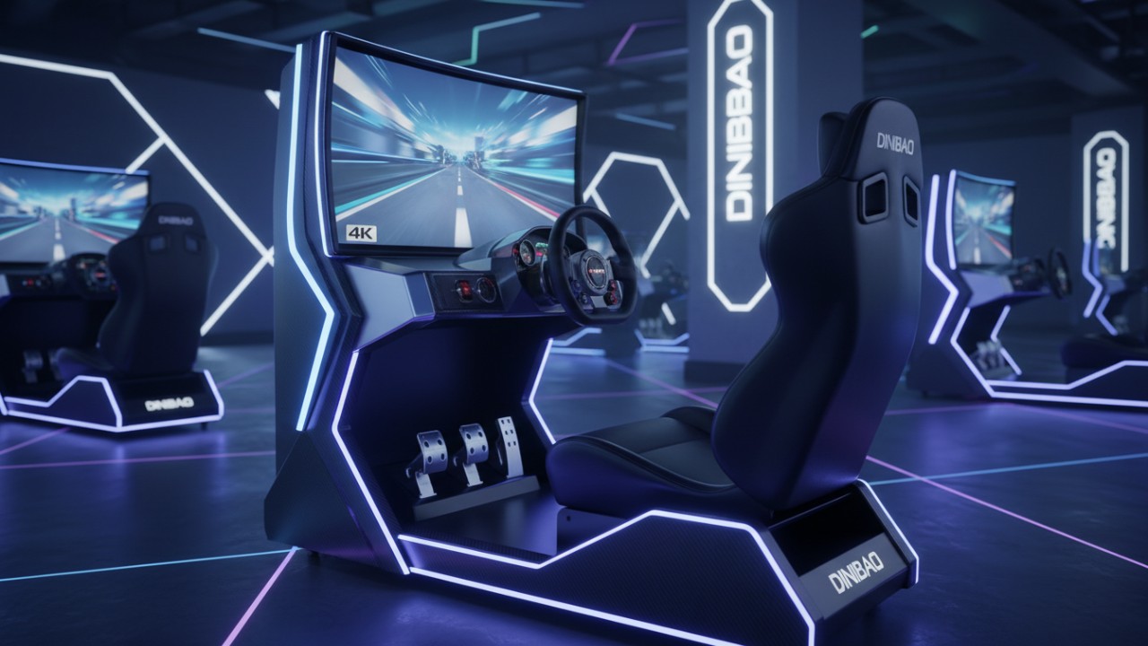 Modern 4K racing arcade machine with high tech force feedback steering and neon lighting