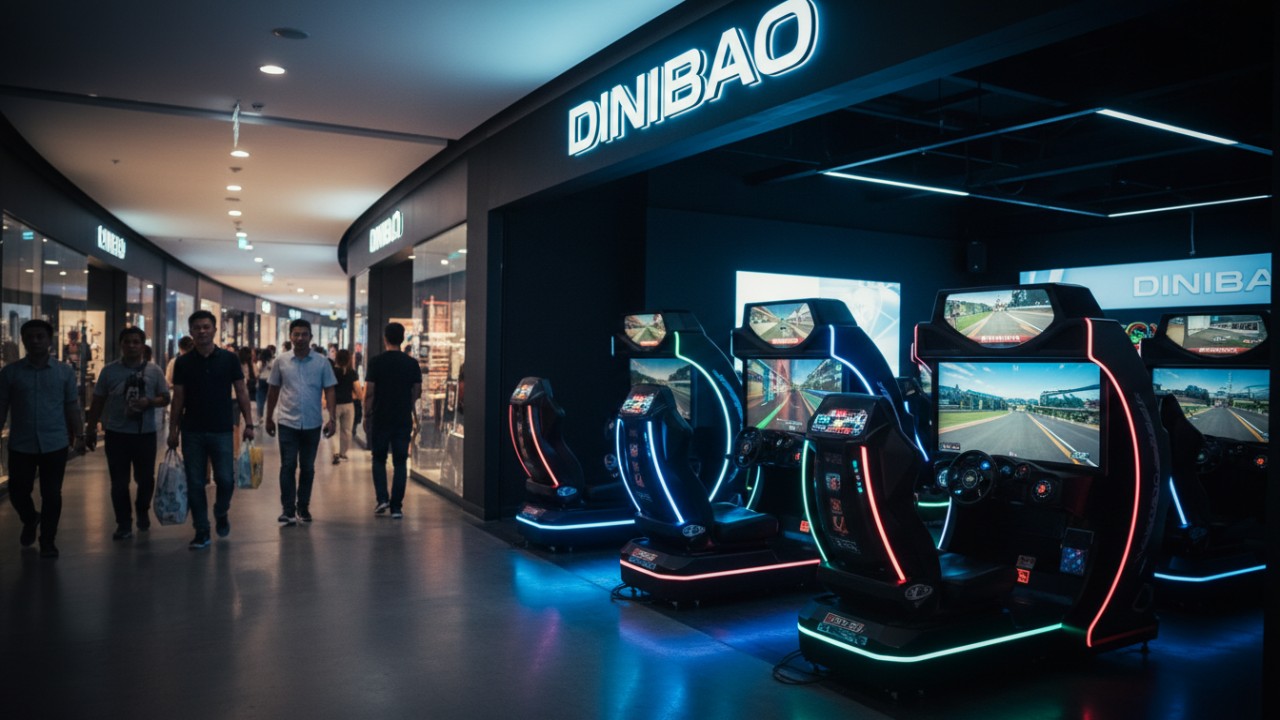 Modern arcade racing simulators in a busy shopping mall location