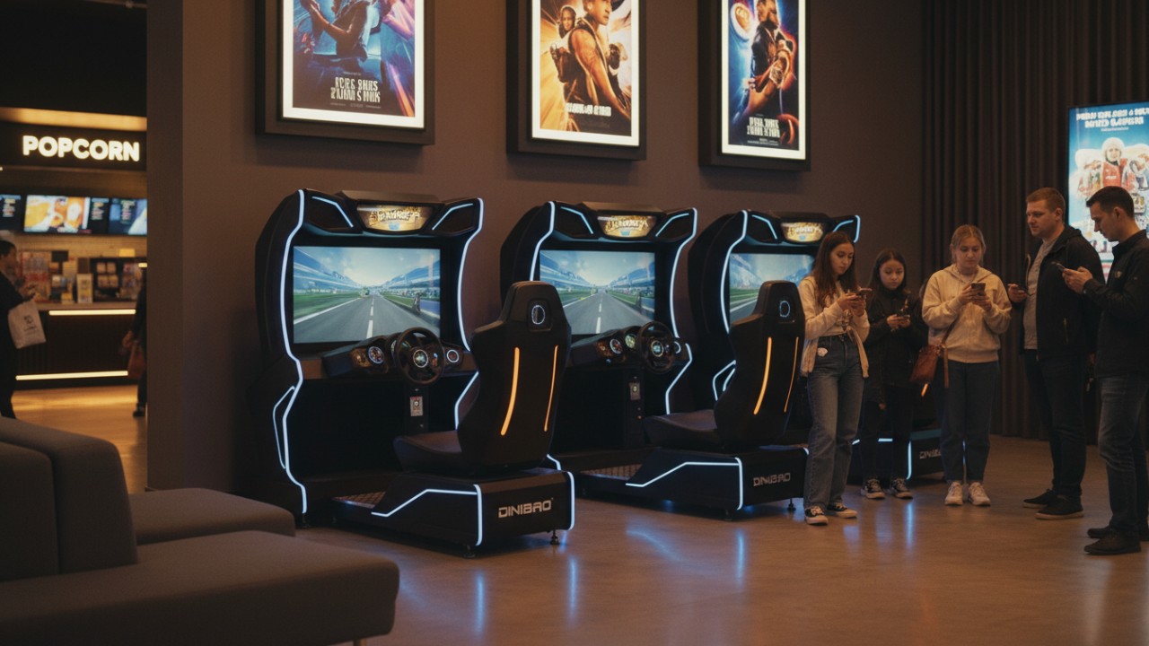 Racing arcade cabinets placed in a movie theater lobby for impulse play
