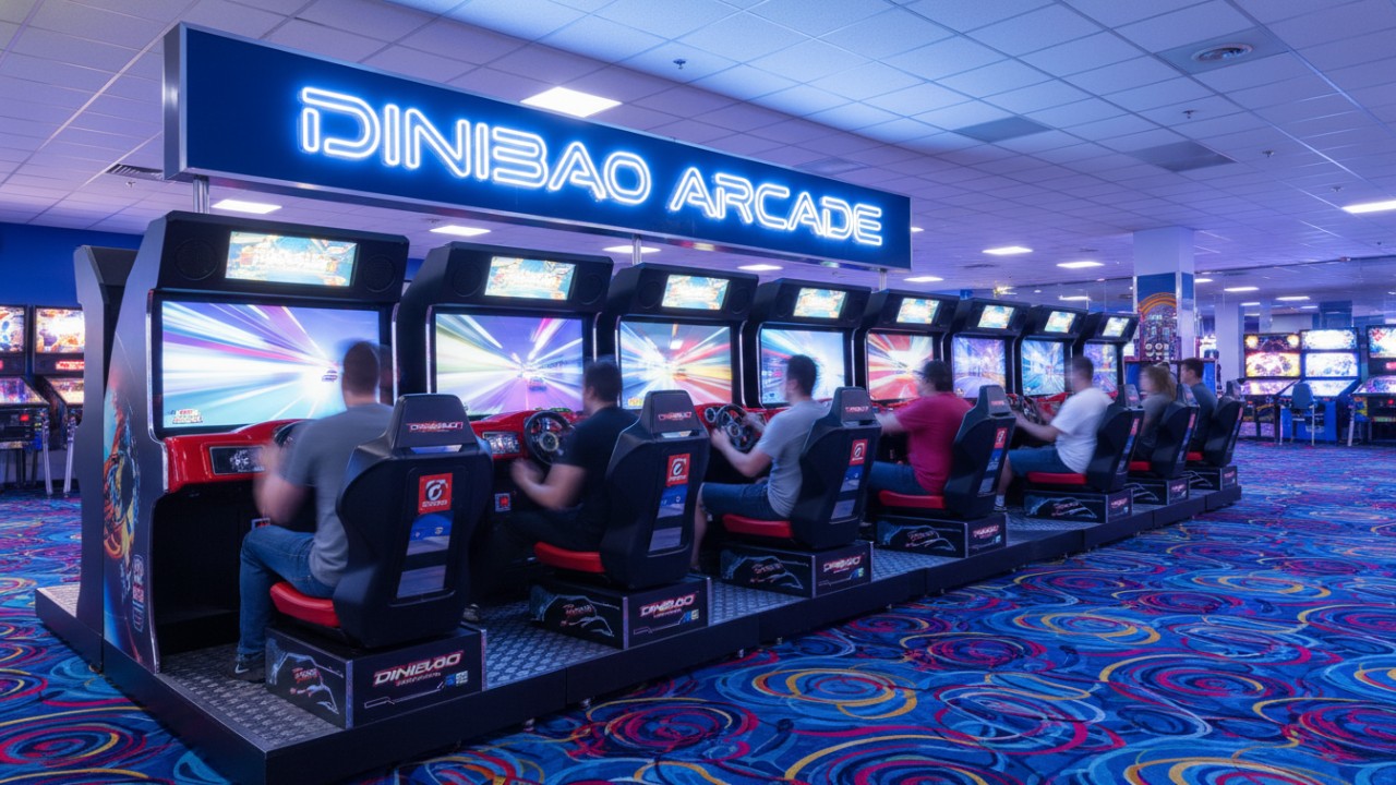 Row of twin linked racing arcade machines in a busy family entertainment center