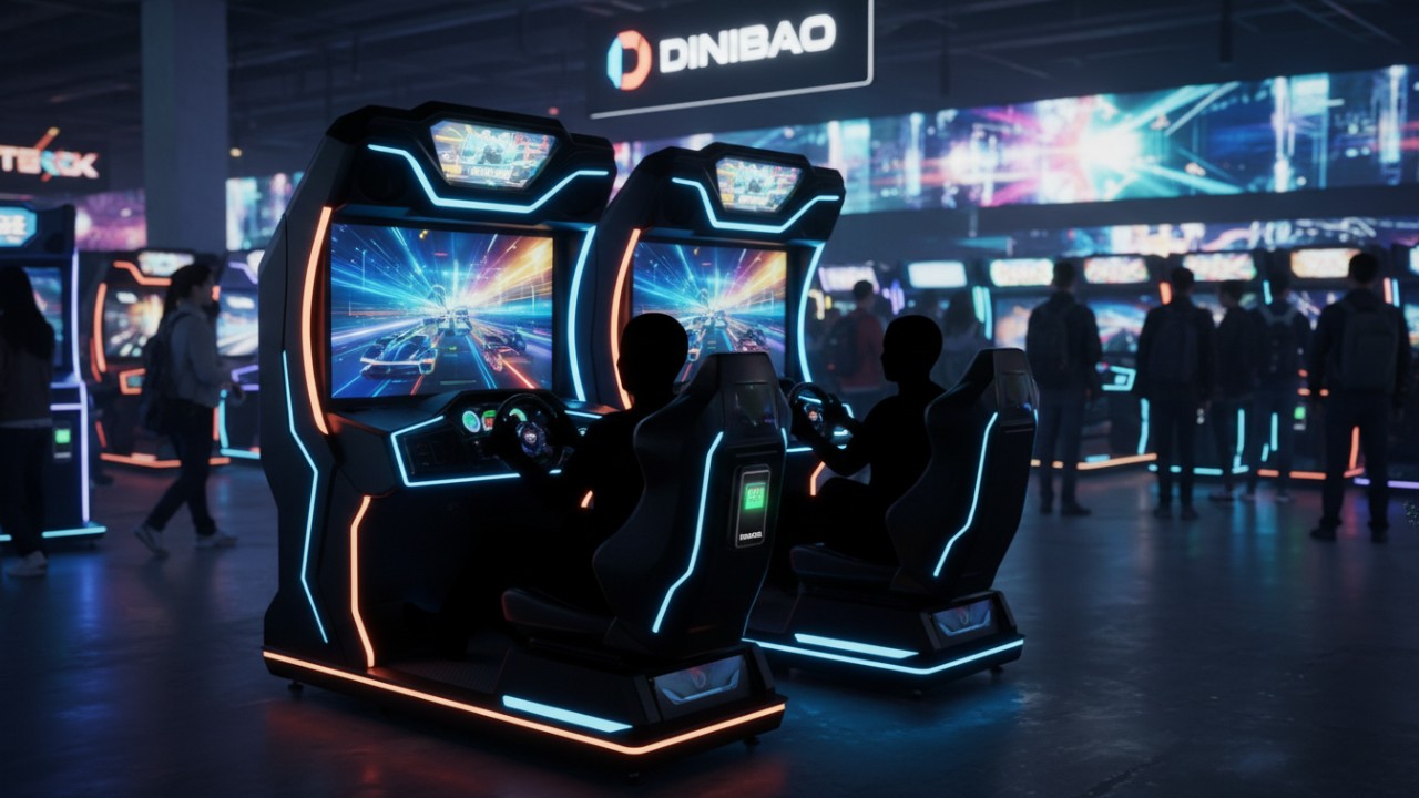 Two twin linked arcade racing machines with modern RFID payment systems in a busy arcade