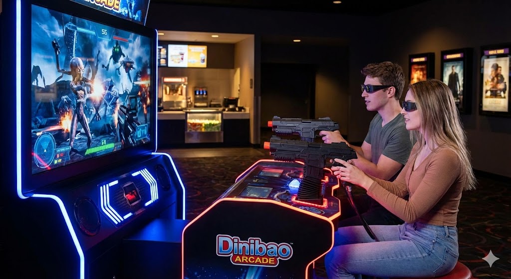 Couple playing a Dinibao Arcade shooting game with 3D glasses.