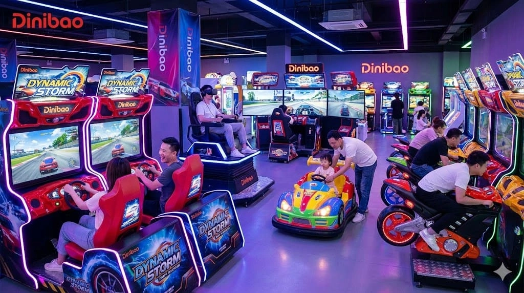 People enjoying various racing game arcade machines at Dinibao. - DINIBAO