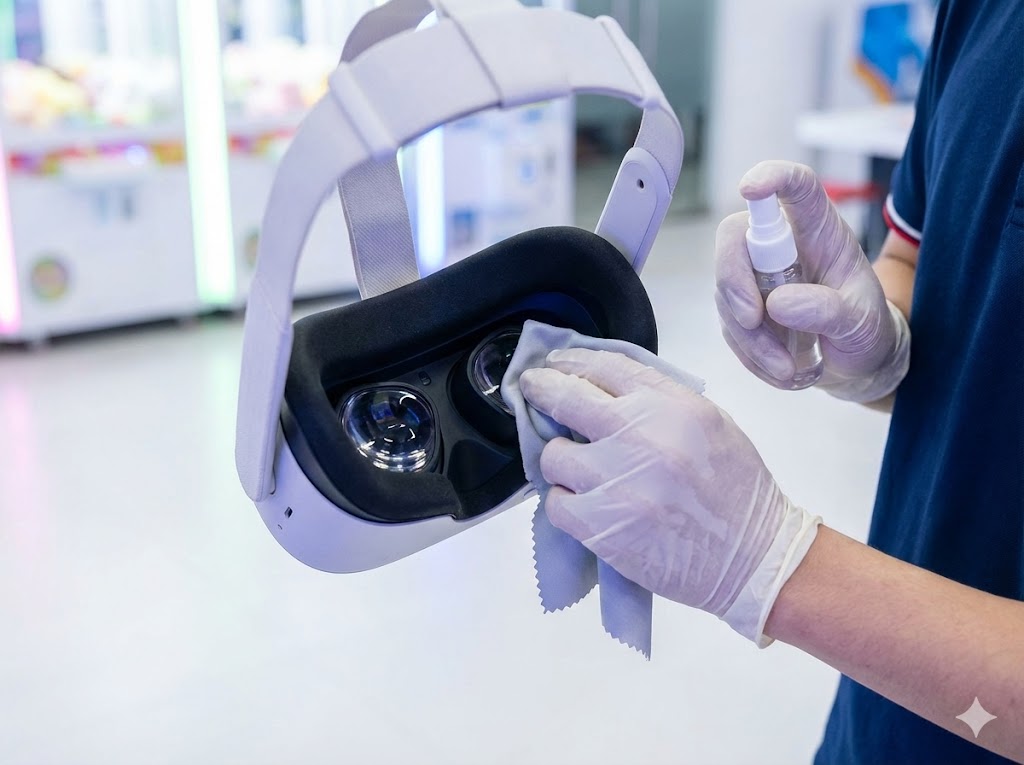 Close-up of hands in latex gloves cleaning a VR headset.