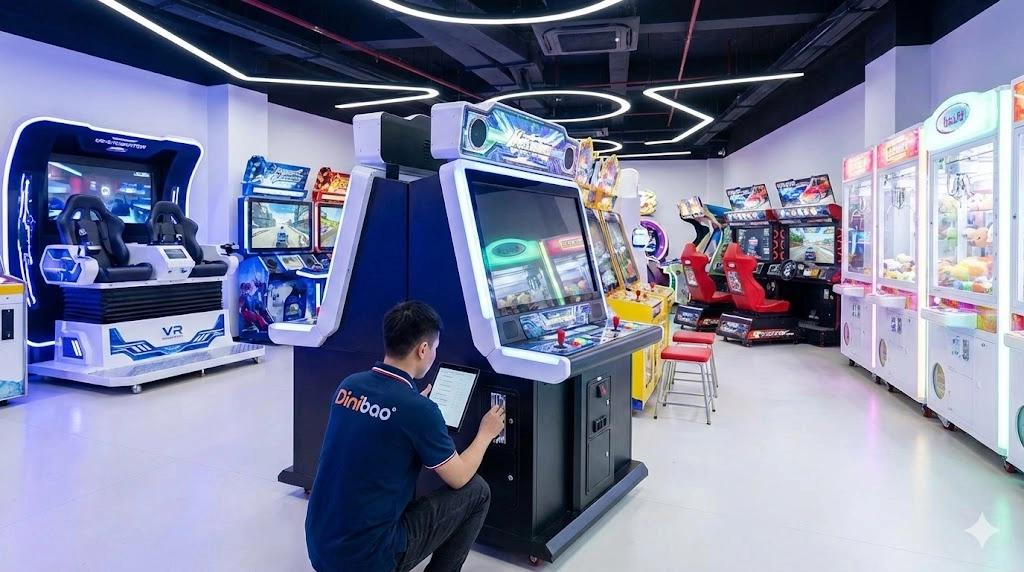 Arcade technician troubleshooting a video game machine. - DINIBAO