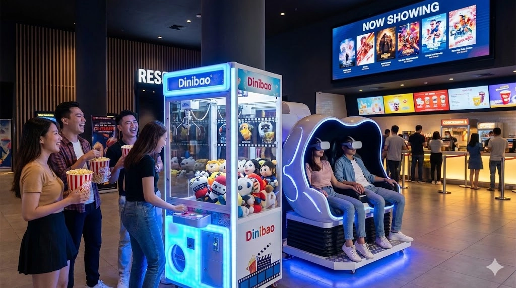 Movie theater lobby with a claw machine, VR game, concession stand, and movie posters. - DINIBAO