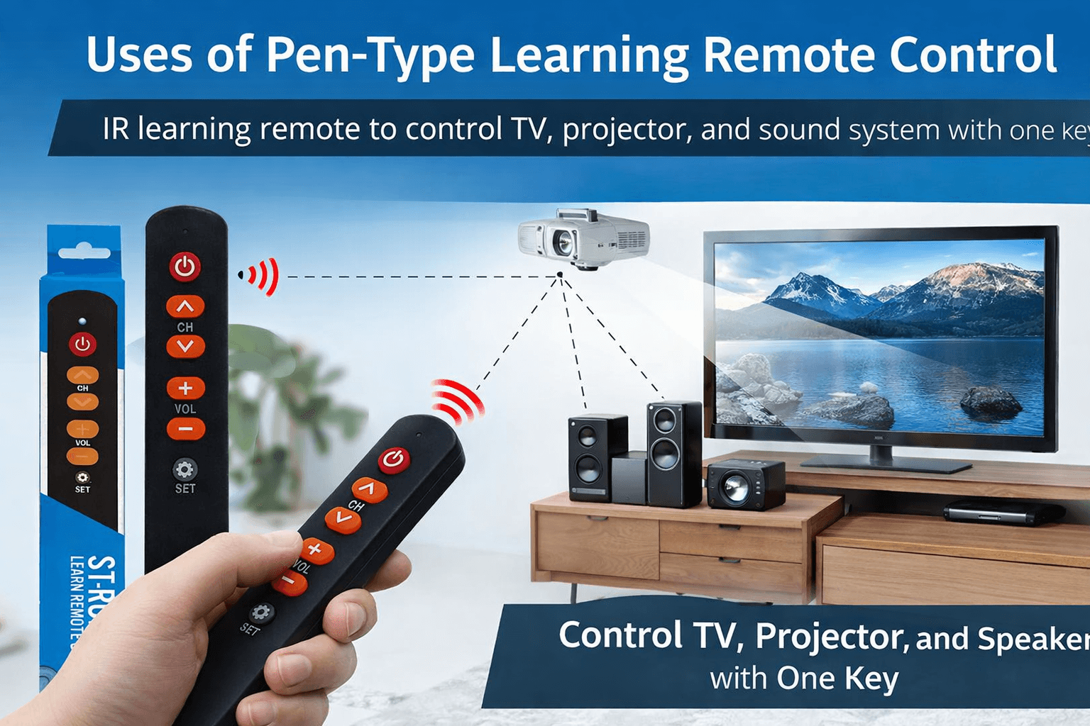 Pen-Type Learning Remote Control &ndash; 6-Button IR Remote with 3-Device Power Control