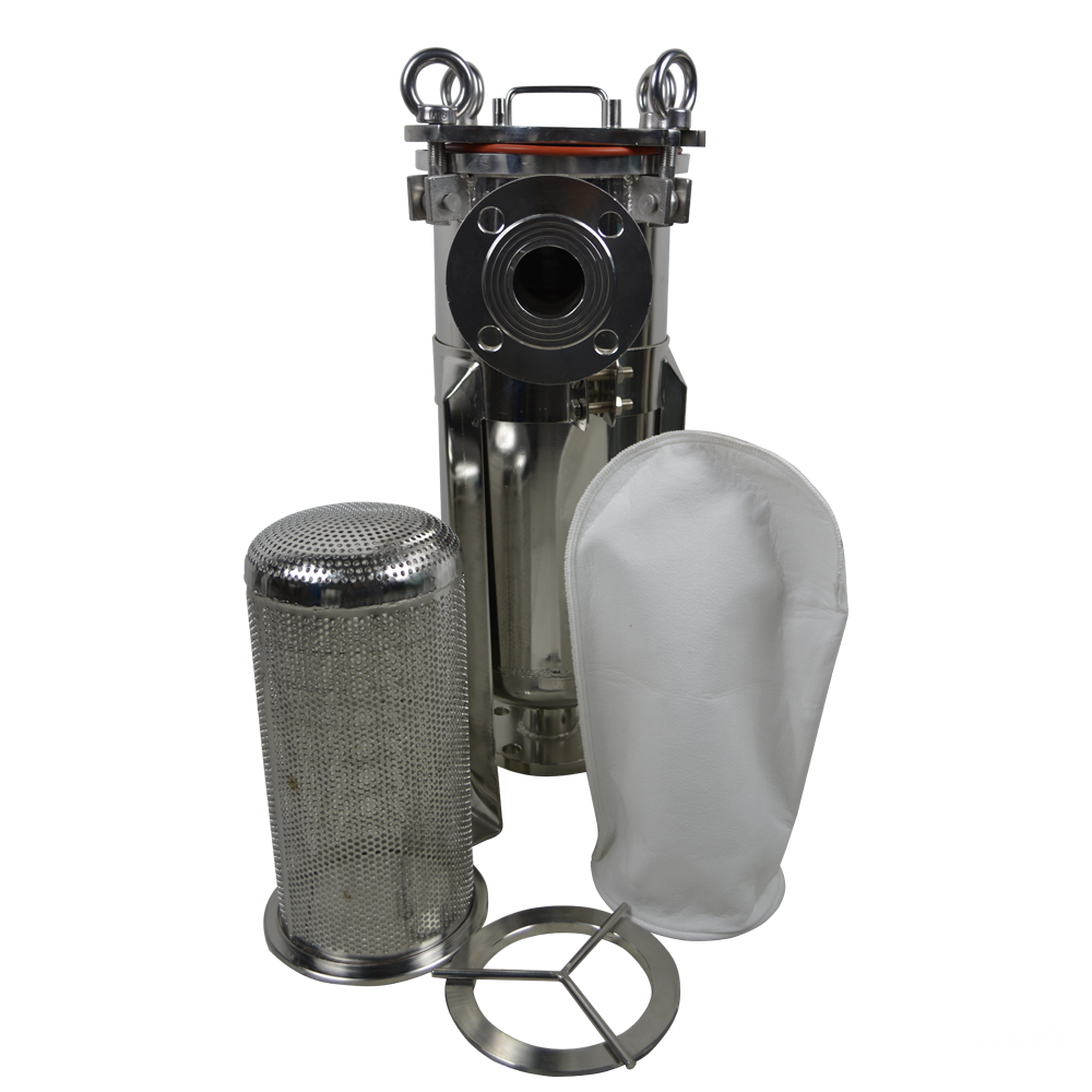 Stainless steel filter housing with a cylindrical filter, a mesh pre-filter, and a replacement filter bag.