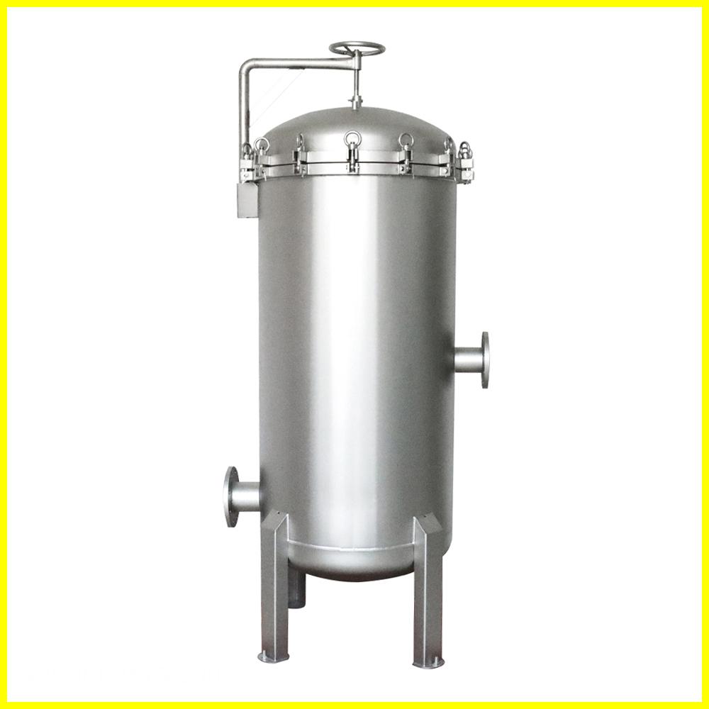 Stainless steel filter housing with a hinged lid and a hand wheel.