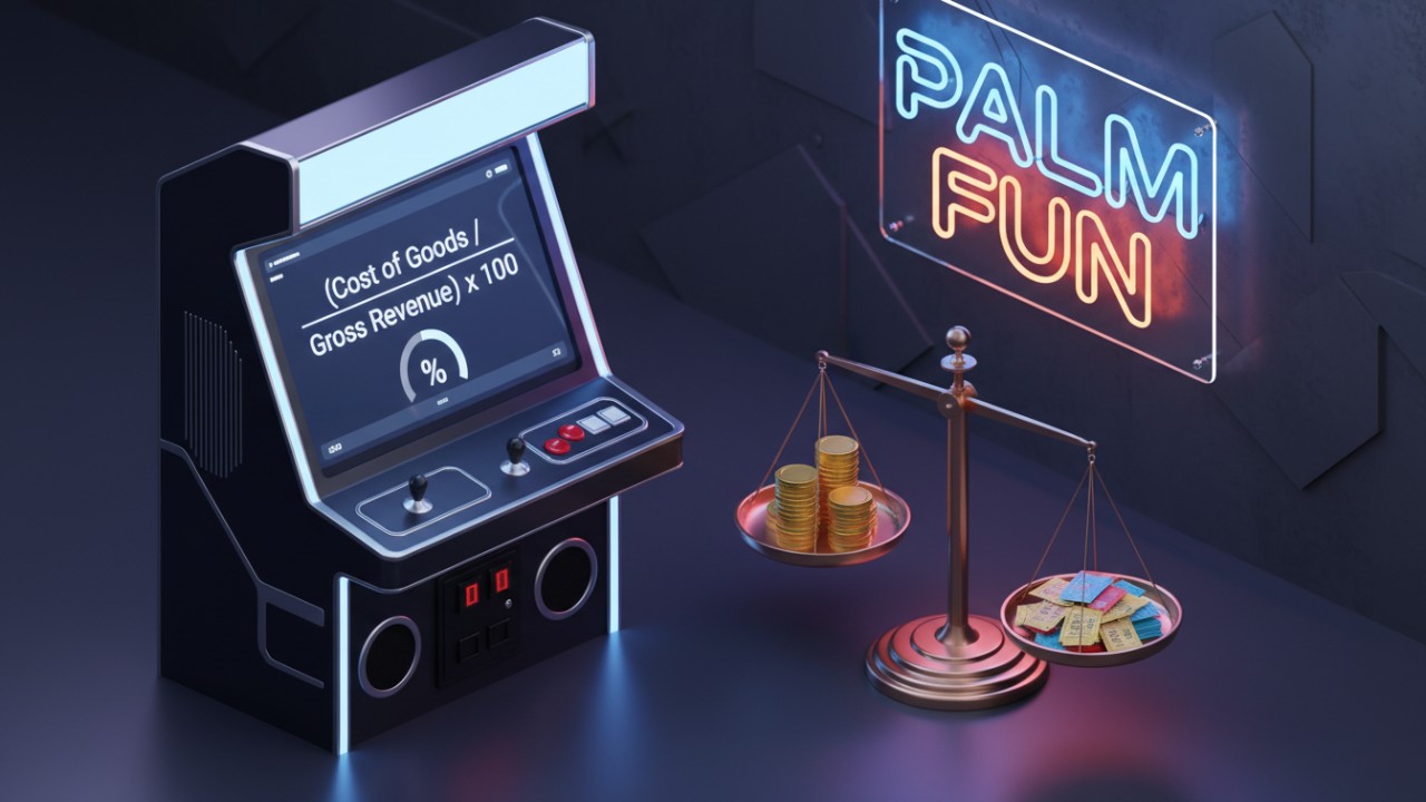 A 3D illustration of an arcade payout formula and a balanced scale of coins and tickets with a PALM FUN neon sign in the background