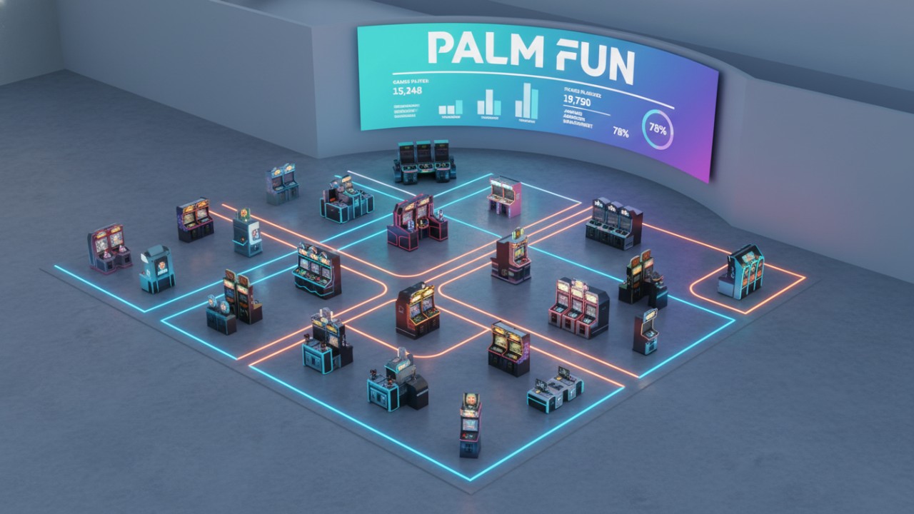A 3D isometric layout of a modern arcade floor plan with light trails showing traffic patterns and a PALM FUN sign on a screen.