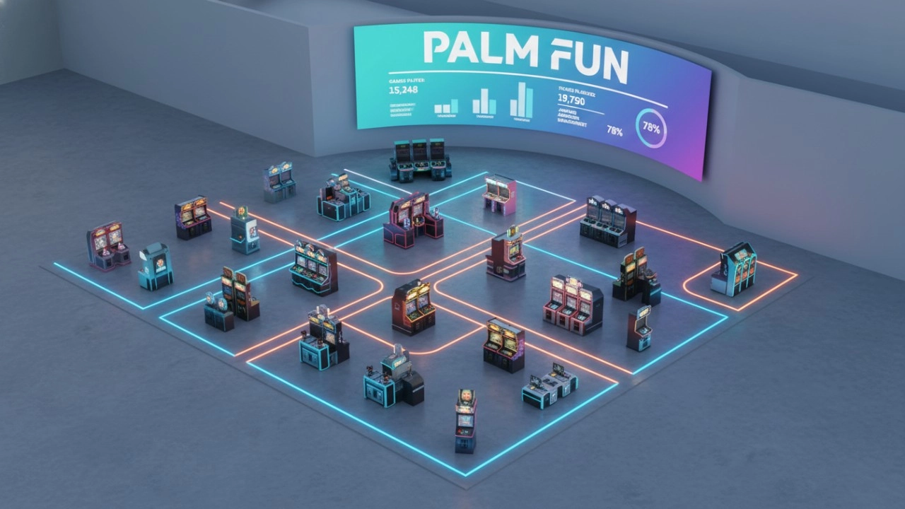 Trafik akışını gösteren ışık izleri ve ekranda PALM FUN yazısı bulunan modern bir oyun salonunun 3 boyutlu izometrik yerleşim planı.