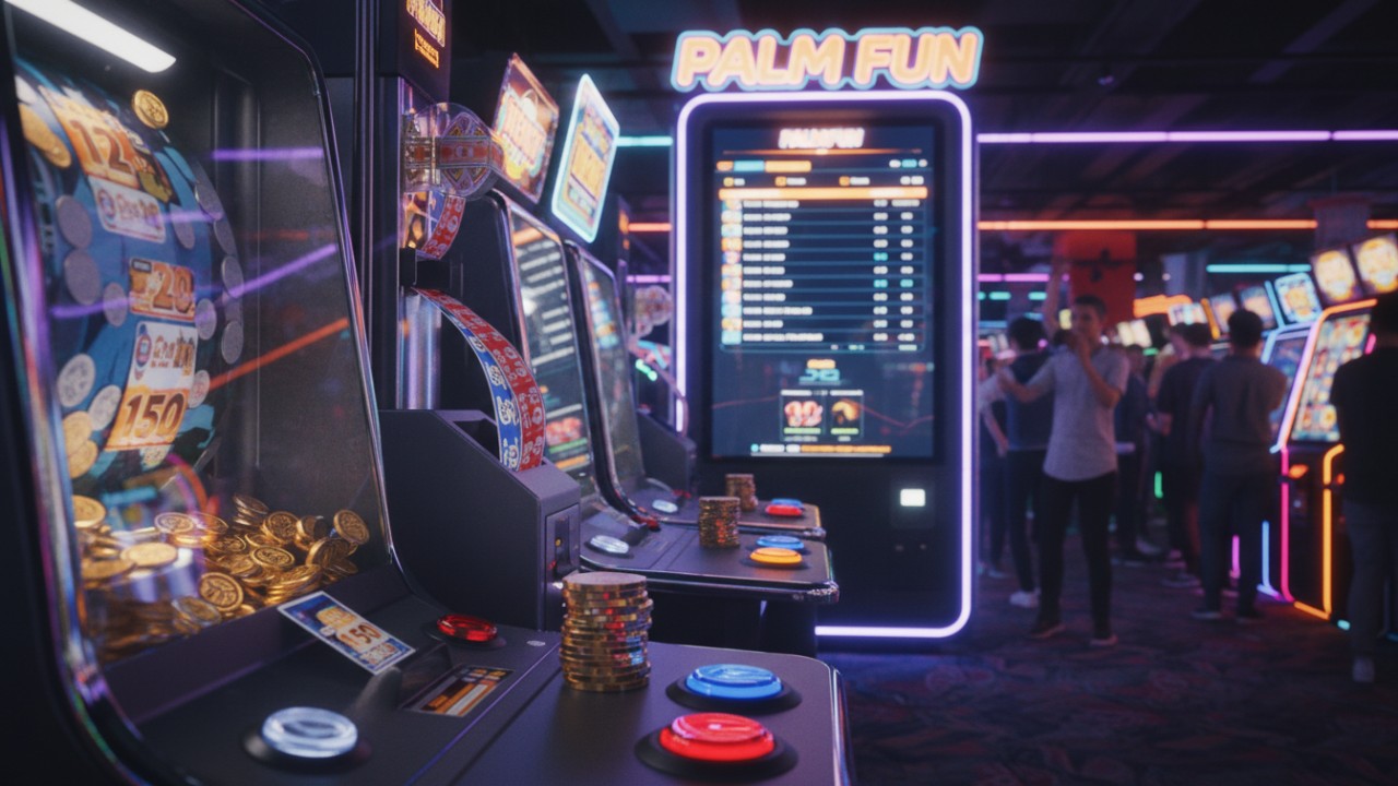 A brightly lit arcade aisle featuring various redemption machines and a central PALM FUN branded digital display.