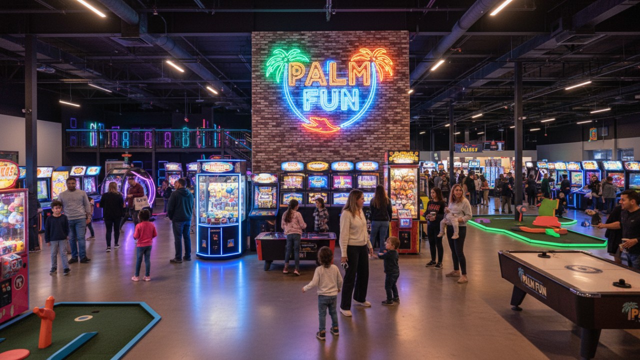 A busy and successful arcade center featuring a prominent PALM FUN neon sign and happy visitors A busy and successful arcade center featuring a prominent PALM FUN neon sign and happy visitors