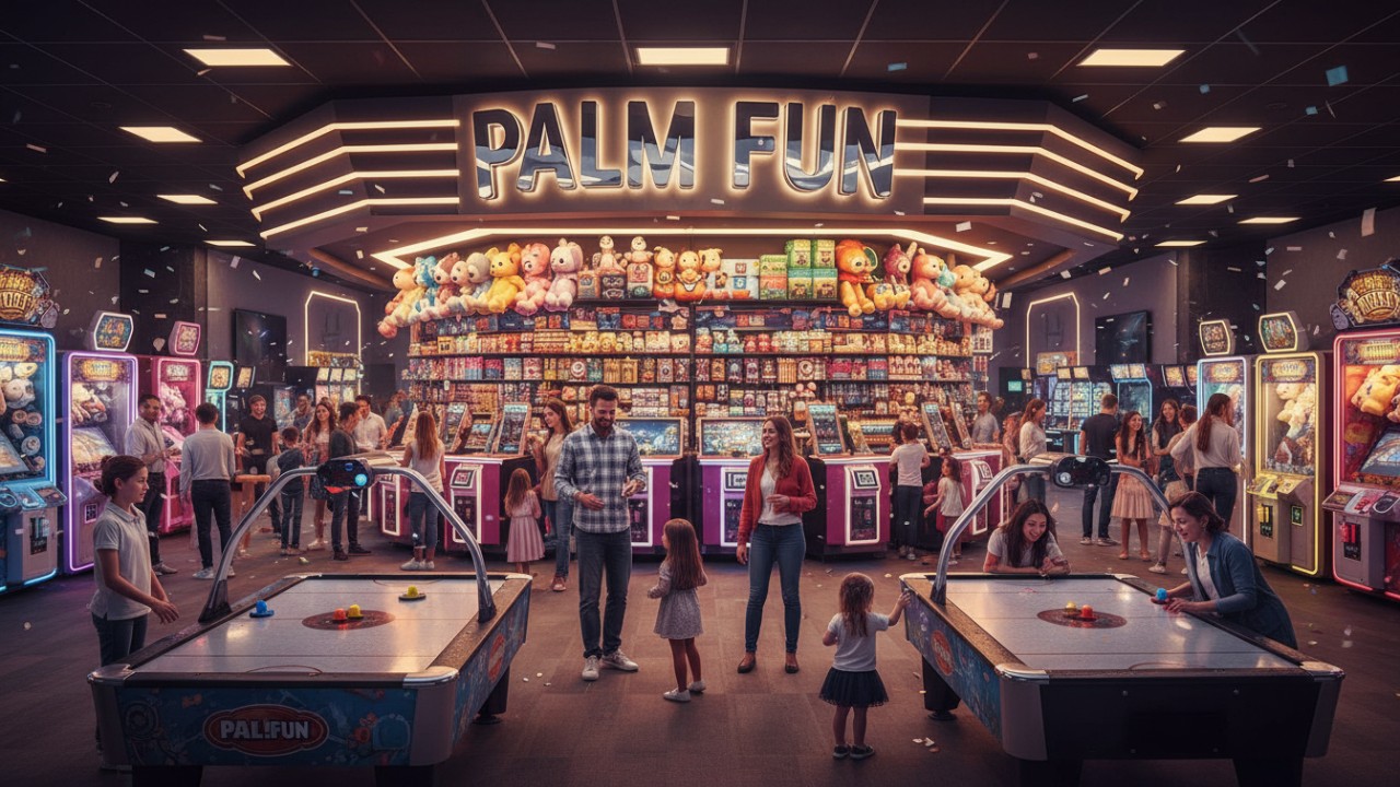 A busy and successful arcade interior with players enjoying games and a prominent PALM FUN brand sign.