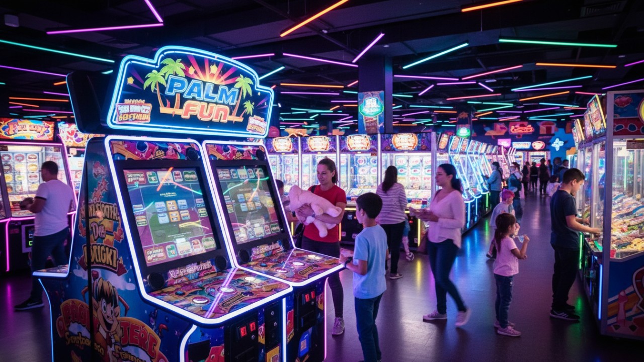 A busy arcade floor with vibrant redemption machines and a prominent PALM FUN branded game cabinet in the foreground.