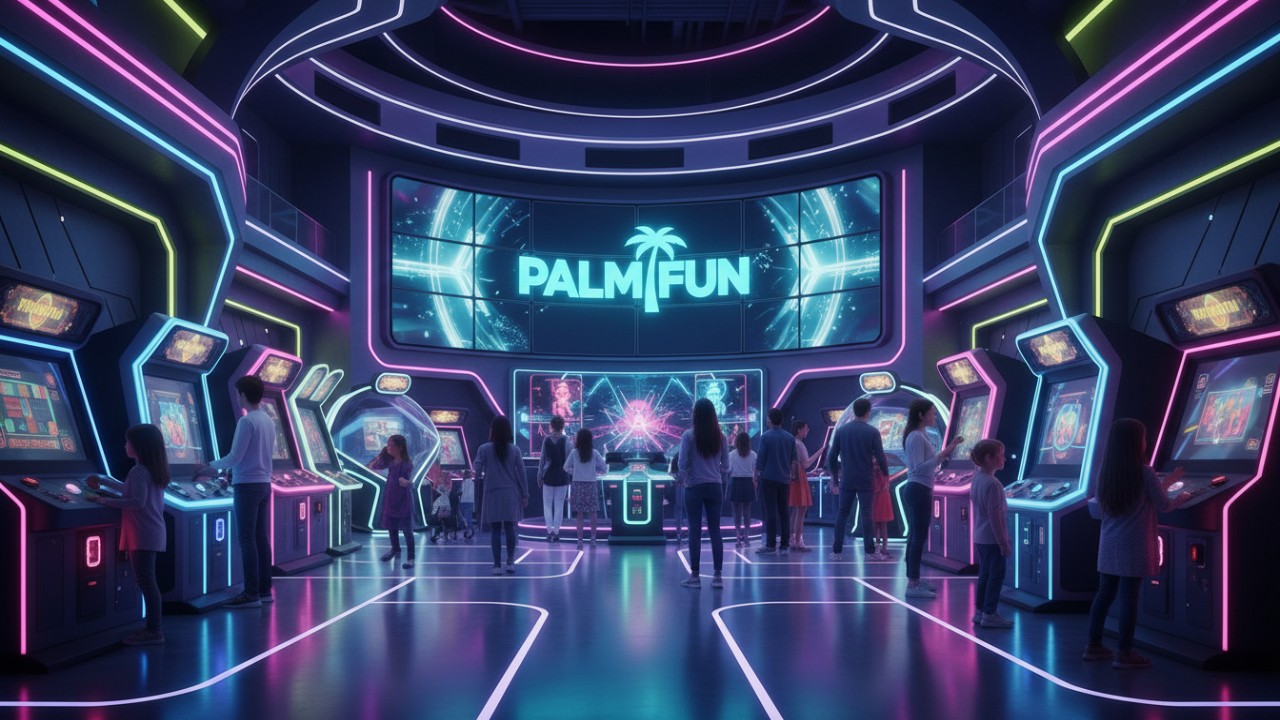 A futuristic 2026 Family Entertainment Center layout featuring advanced gaming technology and PALM FUN branding