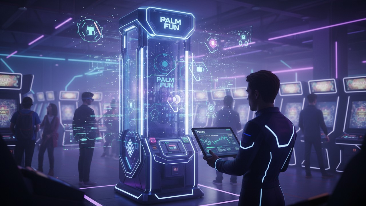 A futuristic arcade machine with digital data streams and a technician using a PALM FUN branded tablet to monitor smart IoT diagnostics.