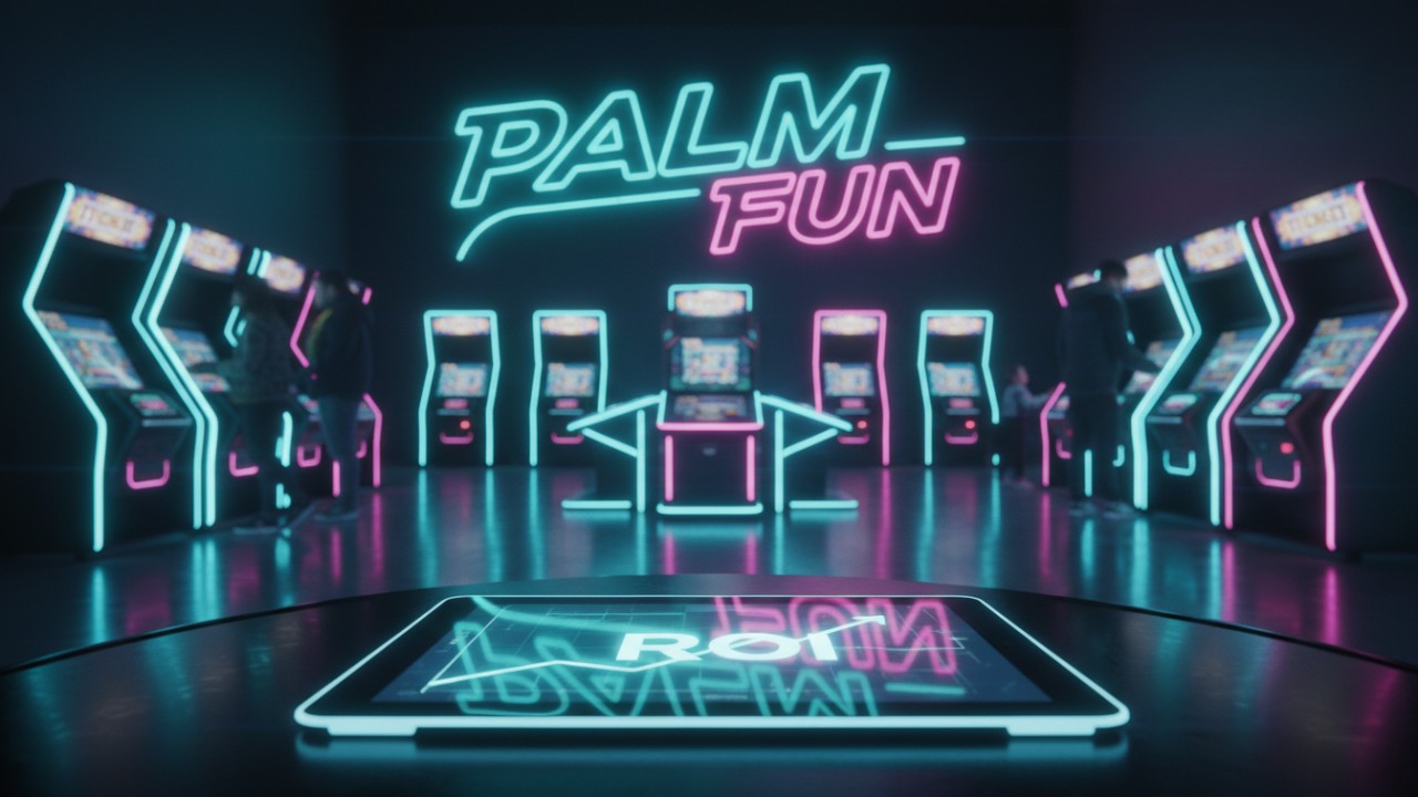A futuristic arcade setting featuring a digital ROI growth chart and a glowing PALM FUN neon sign.
