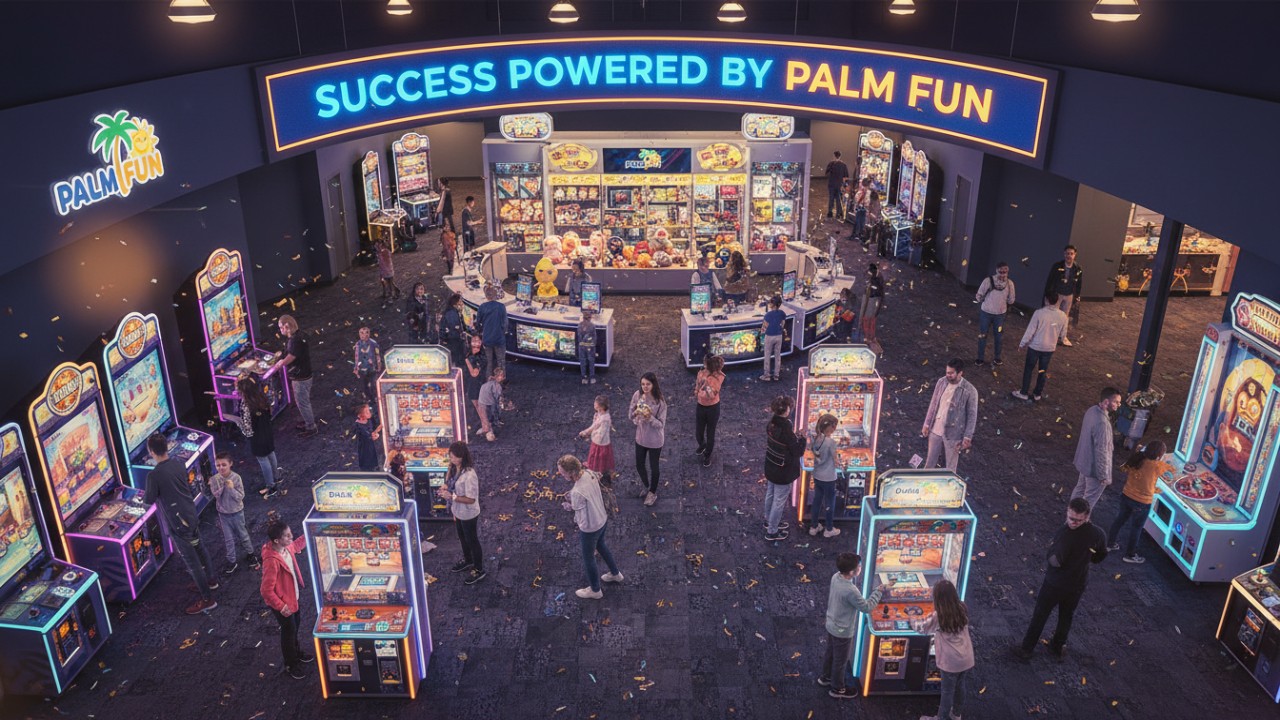 A high-energy arcade filled with happy customers and a PALM FUN success banner hanging above the prize center.
