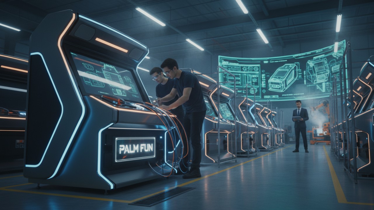 A high-tech manufacturing floor showing the assembly of a premium arcade machine with a PALM FUN logo and engineering blueprints.