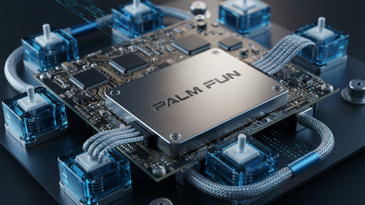 A macro 3D render of high precision arcade internal components with the PALM FUN brand name etched on a metal part.