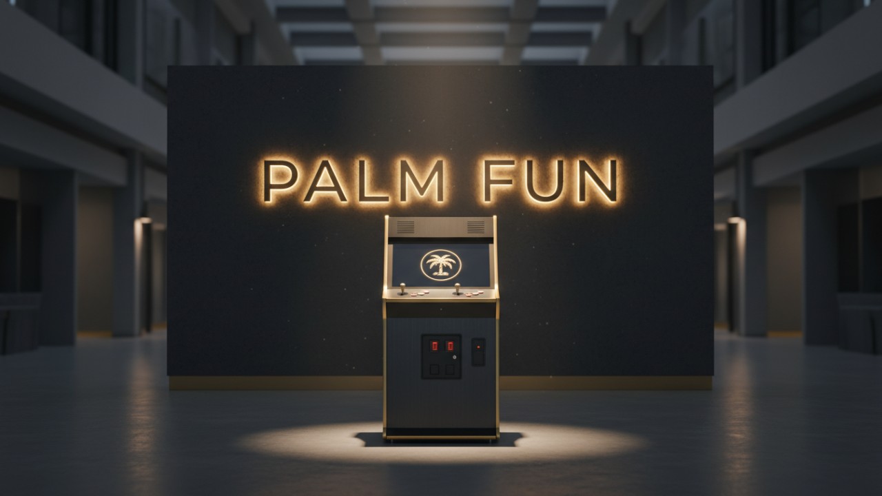 A minimalist illustration of a high end arcade cabinet under a spotlight with a PALM FUN sign on the wall.