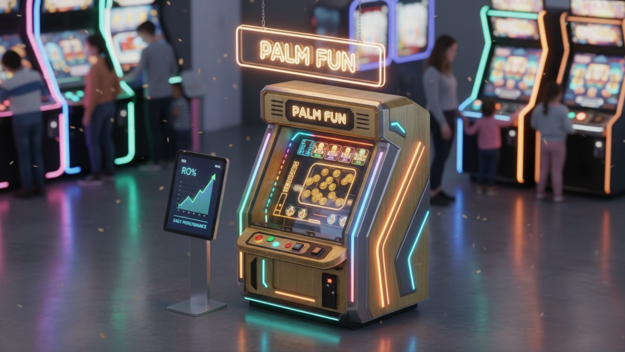 A premium PALM FUN redemption machine in a modern arcade with a rising ROI chart overlay