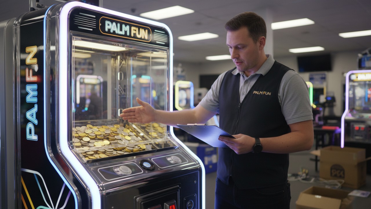 A professional operator inspecting a PALM FUN branded arcade machine in a well-organized FEC.