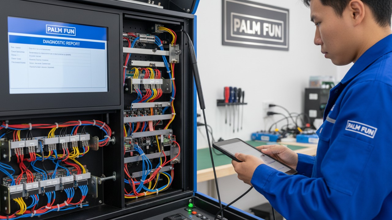 A technician performing a maintenance check on the organized and precision engineered components of a PALM FUN machine.