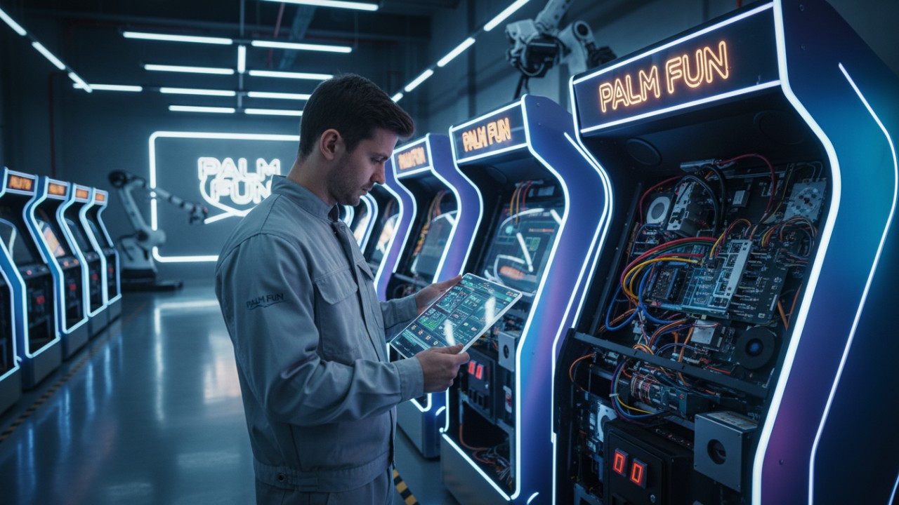 A technician performing a quality control diagnostic on a PALM FUN arcade machine in a modern factory setting.