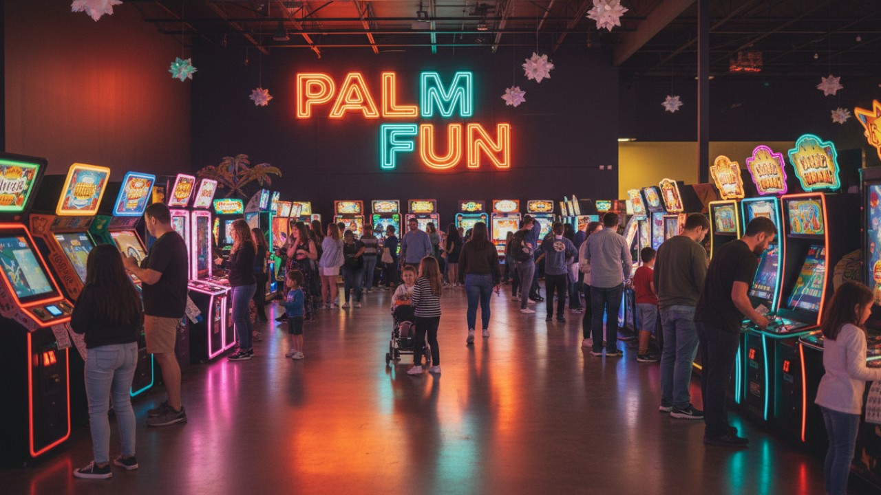 A thriving arcade environment filled with happy players and a large PALM FUN neon sign in the background.