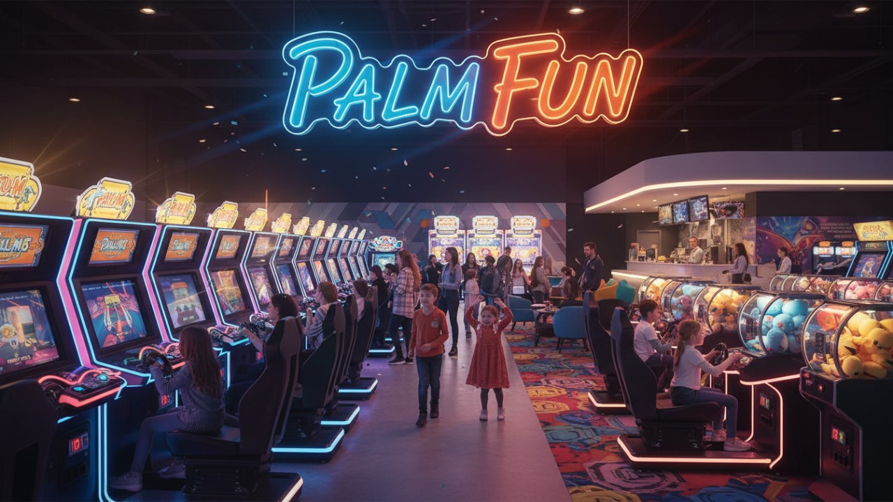 A thriving family entertainment center filled with players and rows of arcade machines under a bright neon PALM FUN sign.
