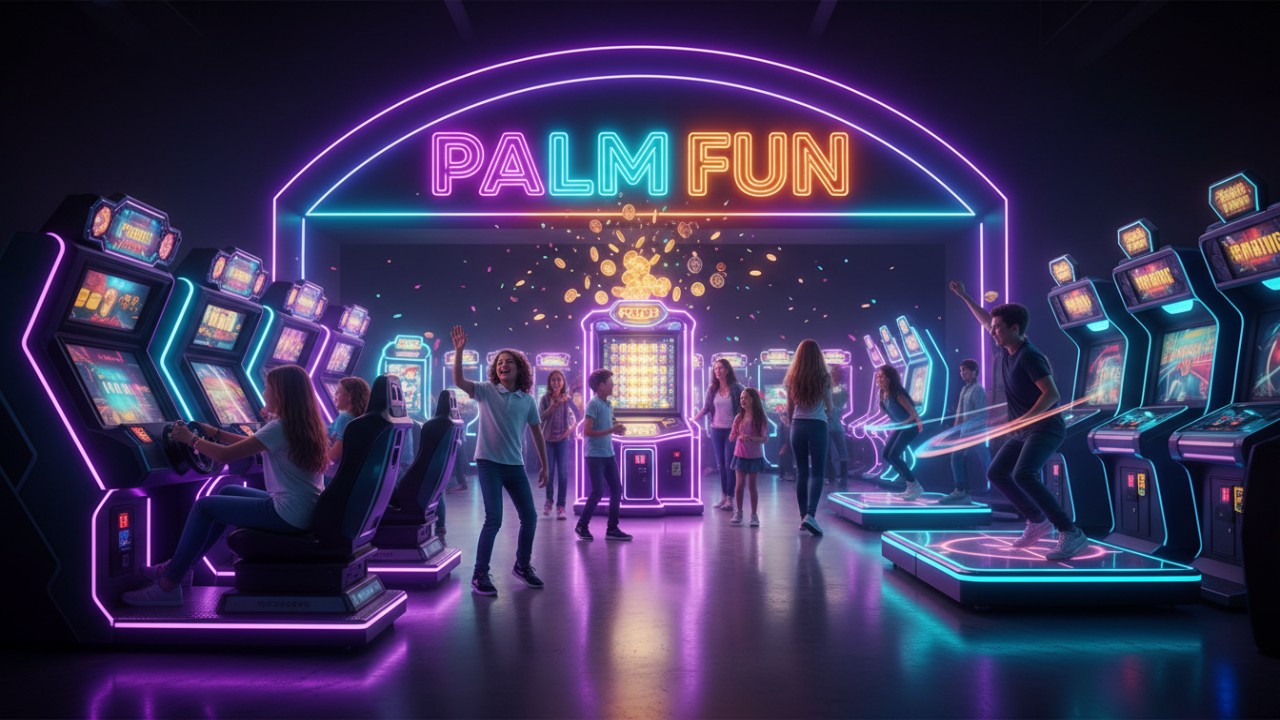 A vibrant and crowded arcade center filled with games and a bright neon PALM FUN sign.