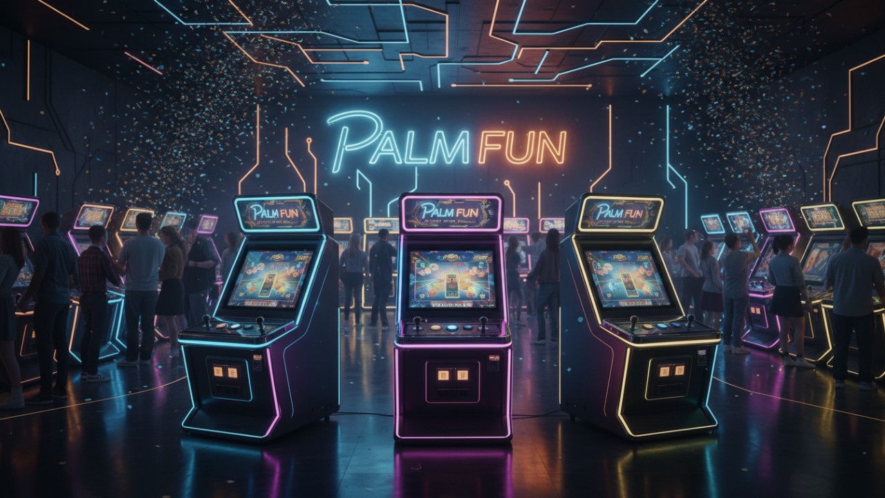 A vibrant arcade floor filled with premium PALM FUN redemption machines and a glowing brand sign.