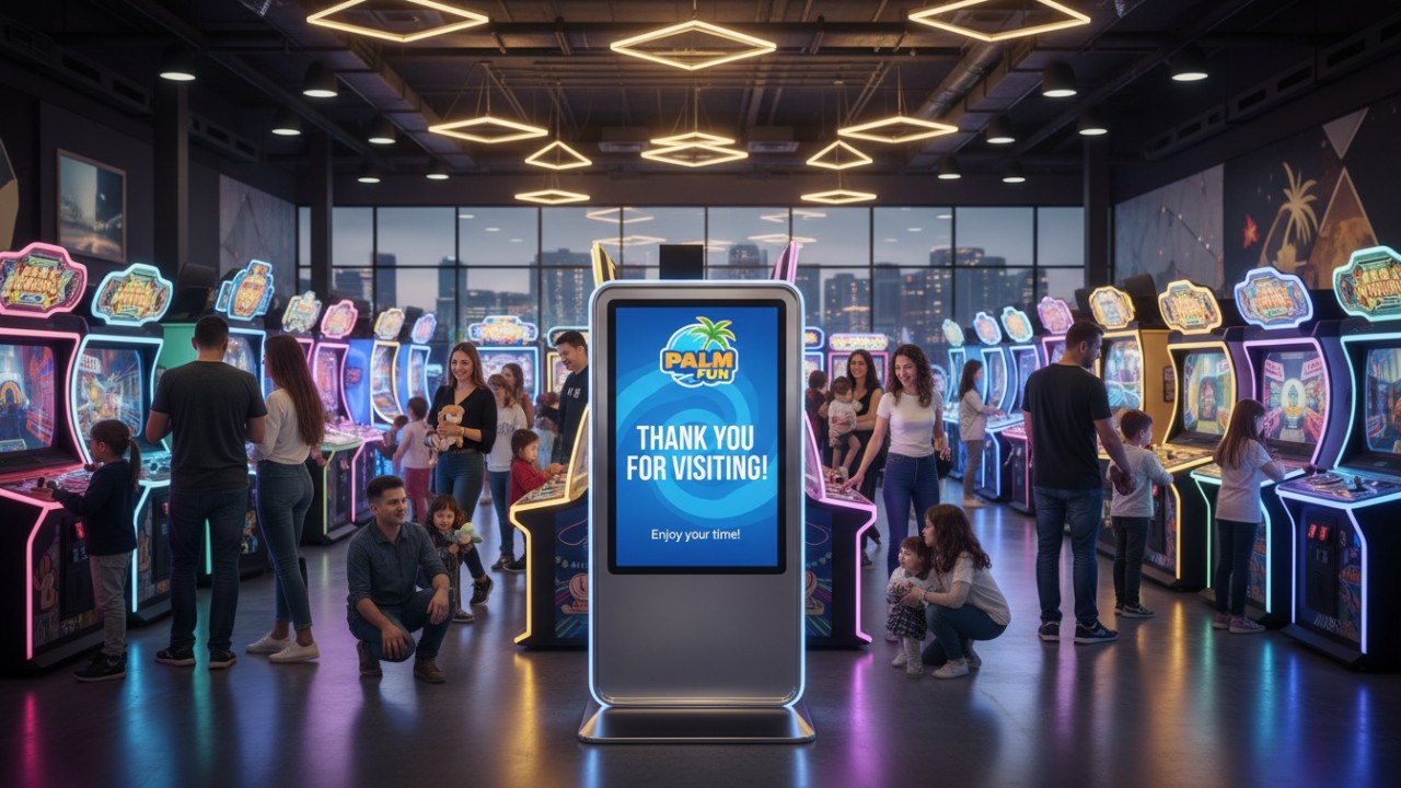 A wide view of a thriving arcade center with happy guests and a central digital kiosk displaying the PALM FUN logo