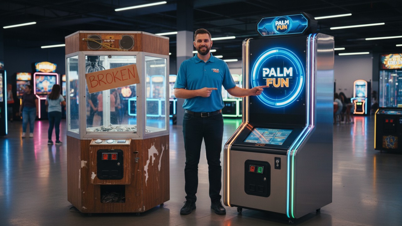 An arcade operator comparing a low-quality machine with a durable PALM FUN redemption machine in a modern entertainment center.