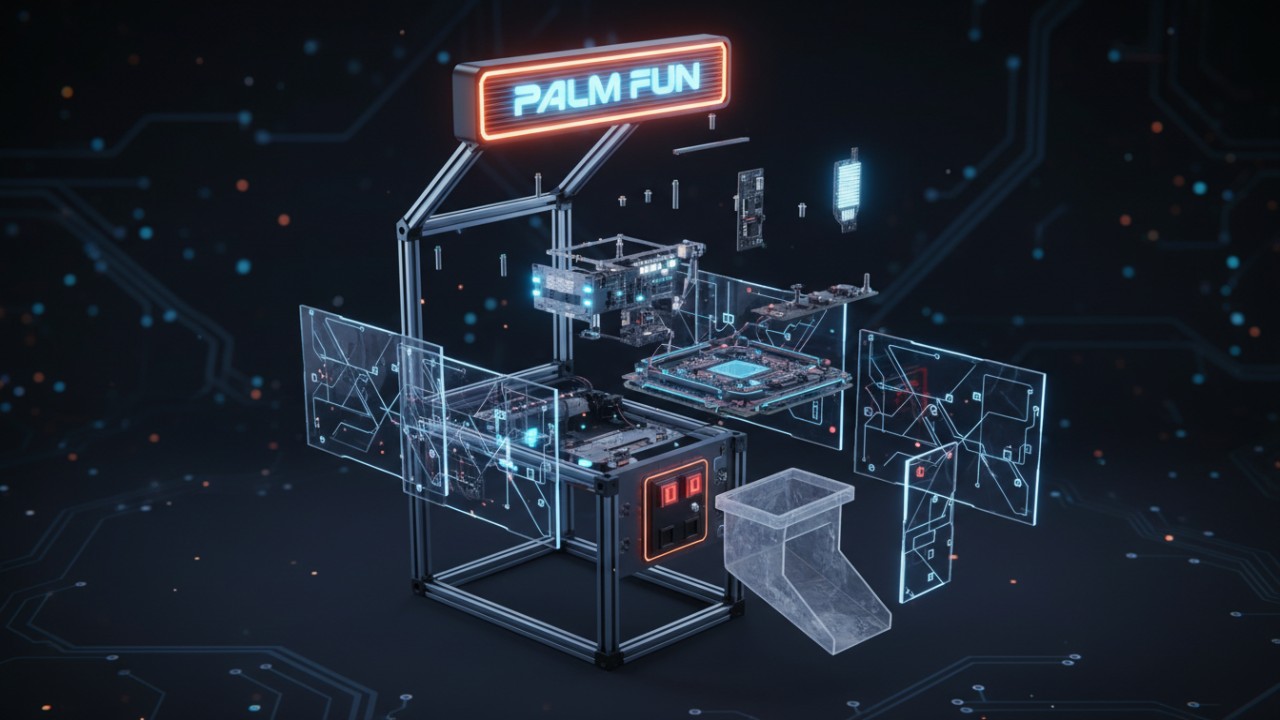 An exploded view diagram of a premium PALM FUN redemption machine showing internal steel framing and electronic components.