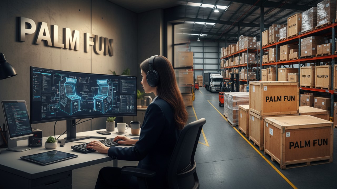 An illustration showing arcade game design and large scale shipping with PALM FUN branding.