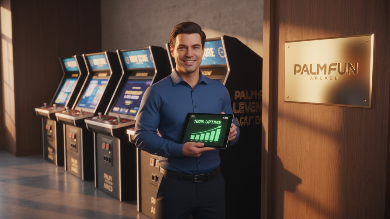 An illustration symbolizing arcade business success and partnership with the PALM FUN brand